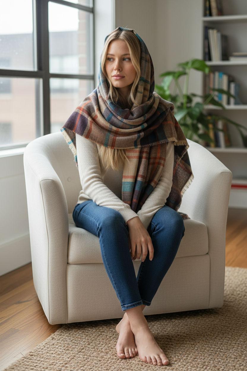 Blue Orange Plaid Pattern Wool Scarves